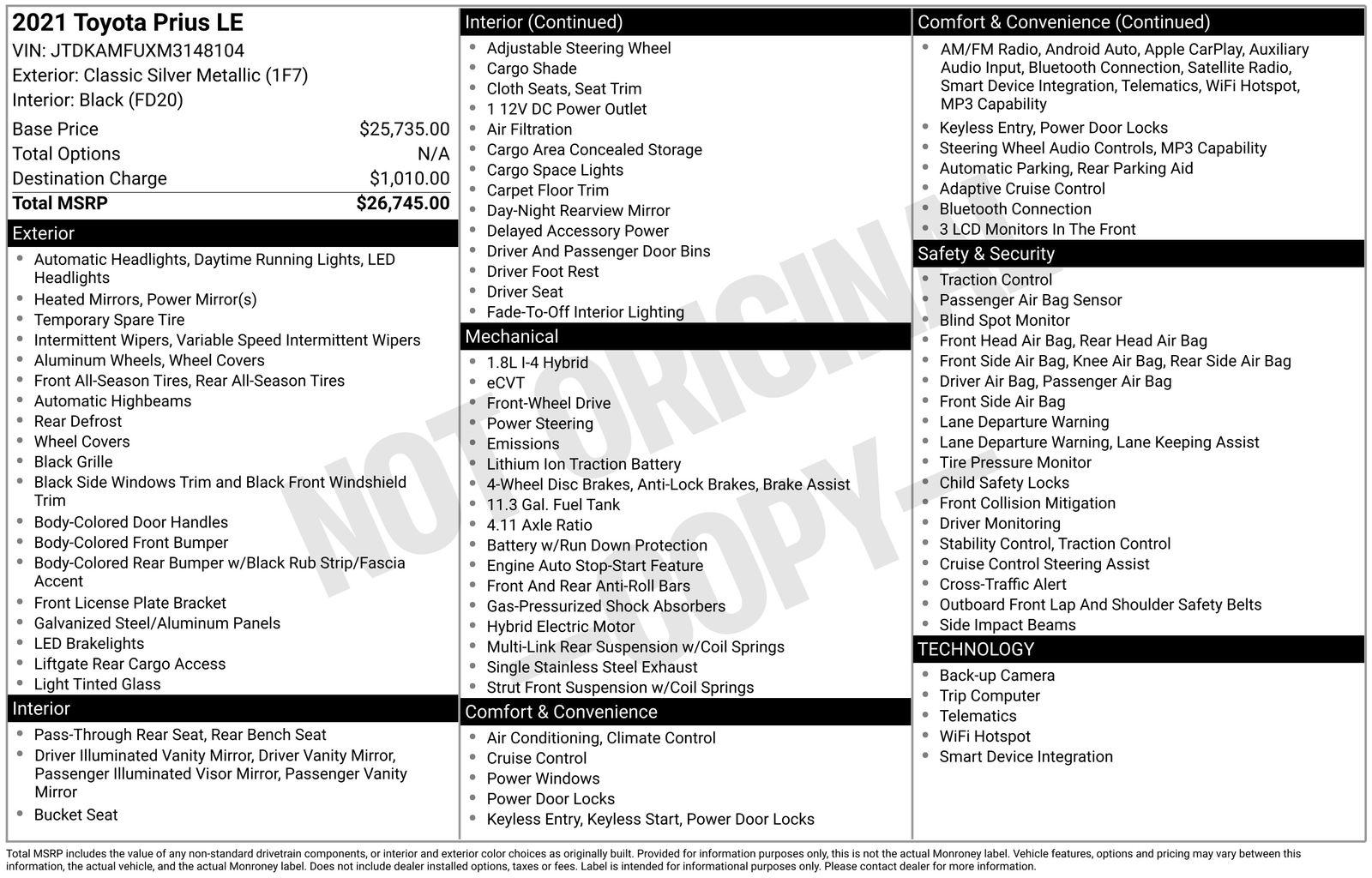 2021 Toyota Prius LE FWD's photo