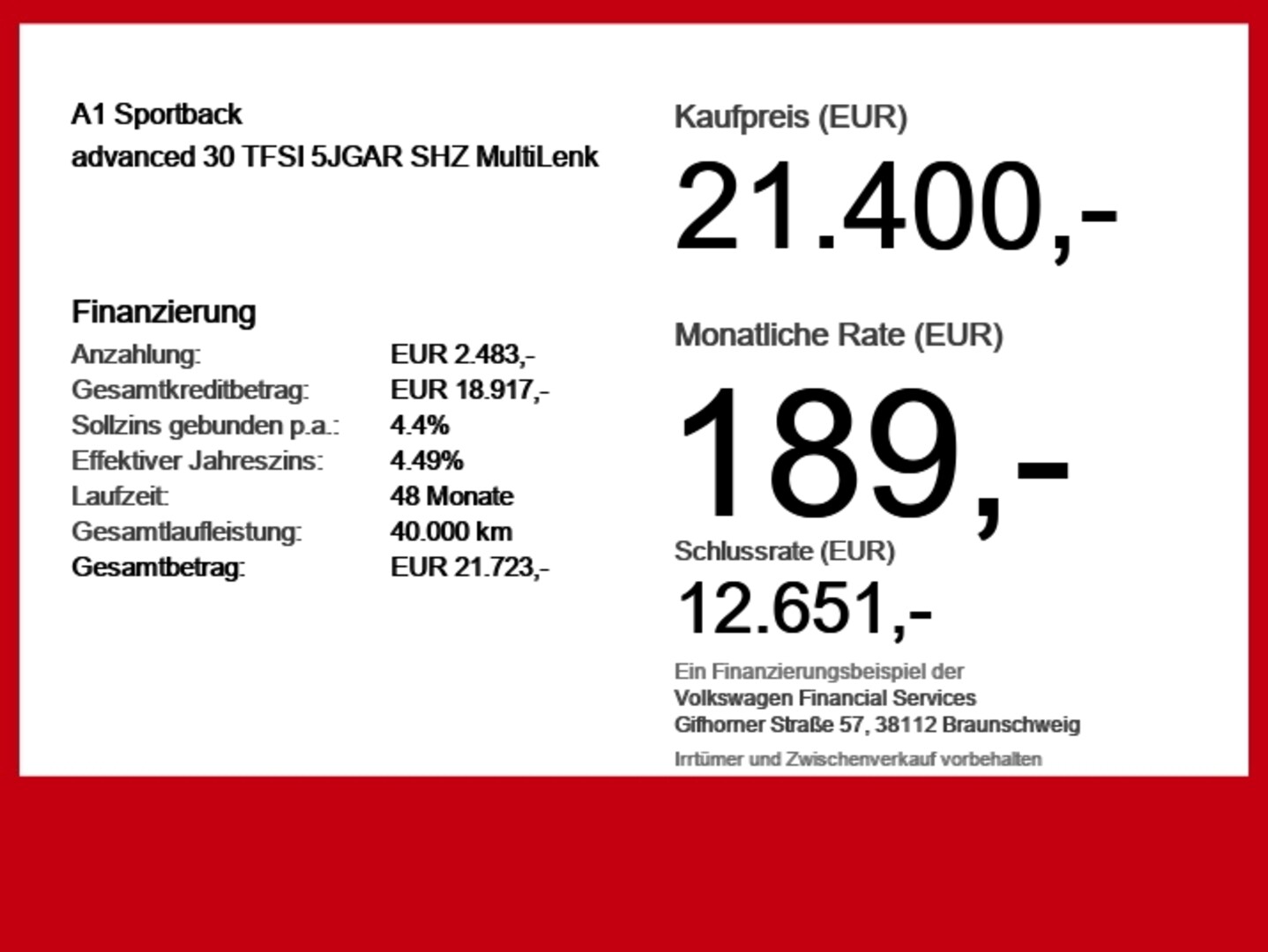 Bild über Audi A1 Sportback advanced 30 TFSI Schaltgetriebe - für weitere Informationen kontaktieren Sie den Audi Partner