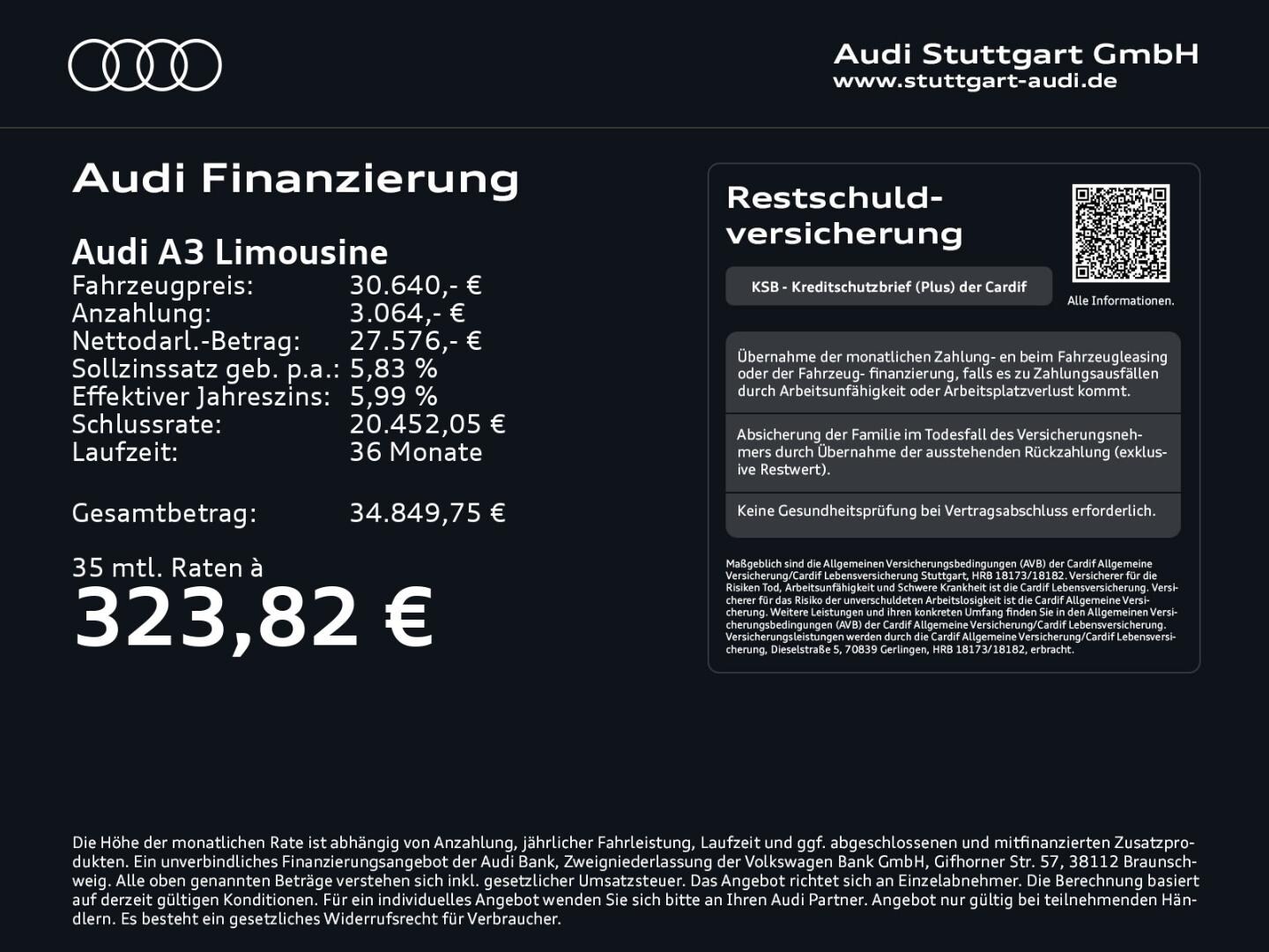 Bild über Audi A3 Limousine TFSI 85 kW S tronic - für weitere Informationen kontaktieren Sie den Audi Partner