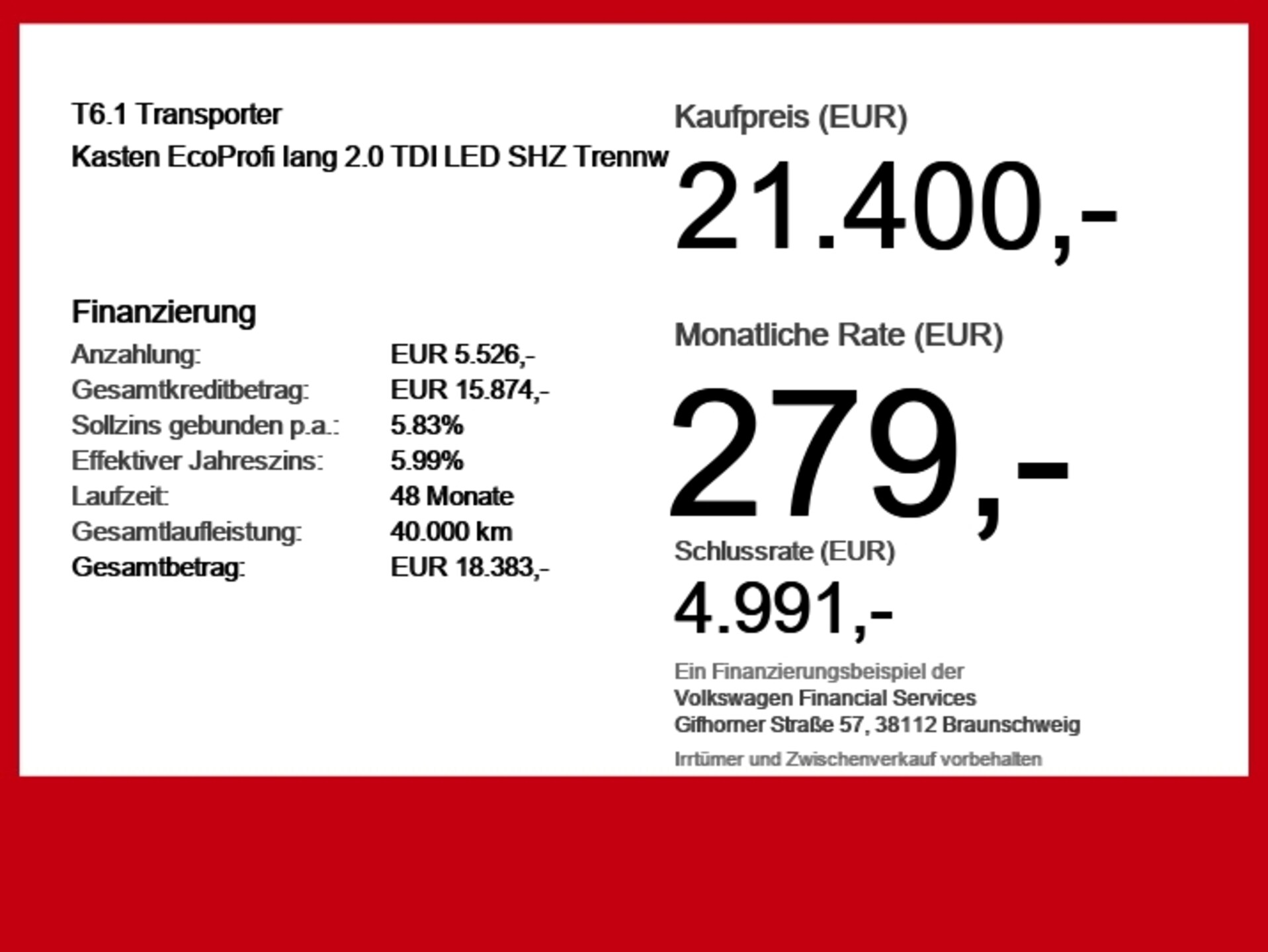 Volkswagen T6.1 Transporter Kasten langer Radstand EcoProfi