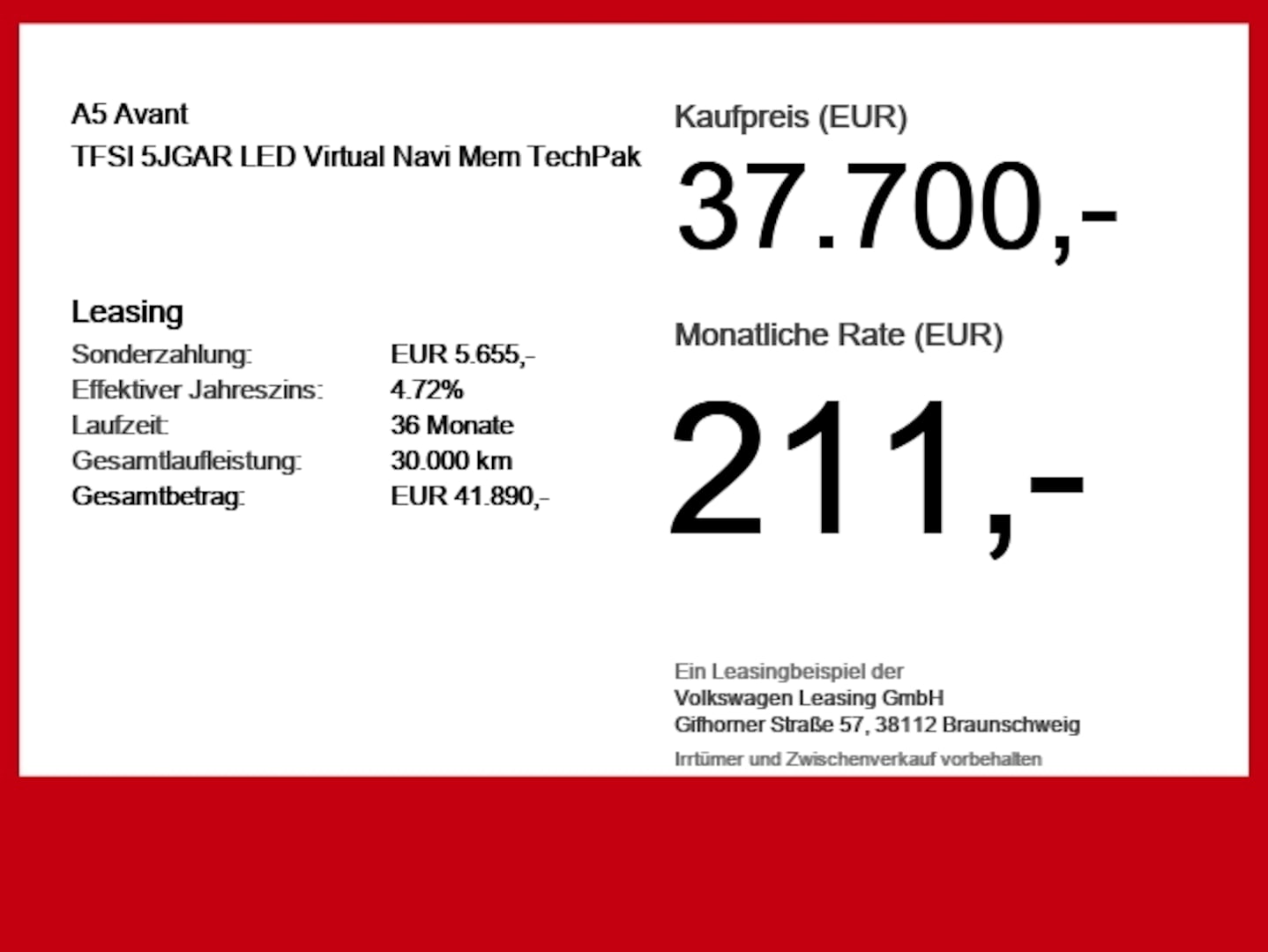 Bild über Audi A5 Avant TFSI 110 kW S tronic - für weitere Informationen kontaktieren Sie den Audi Partner