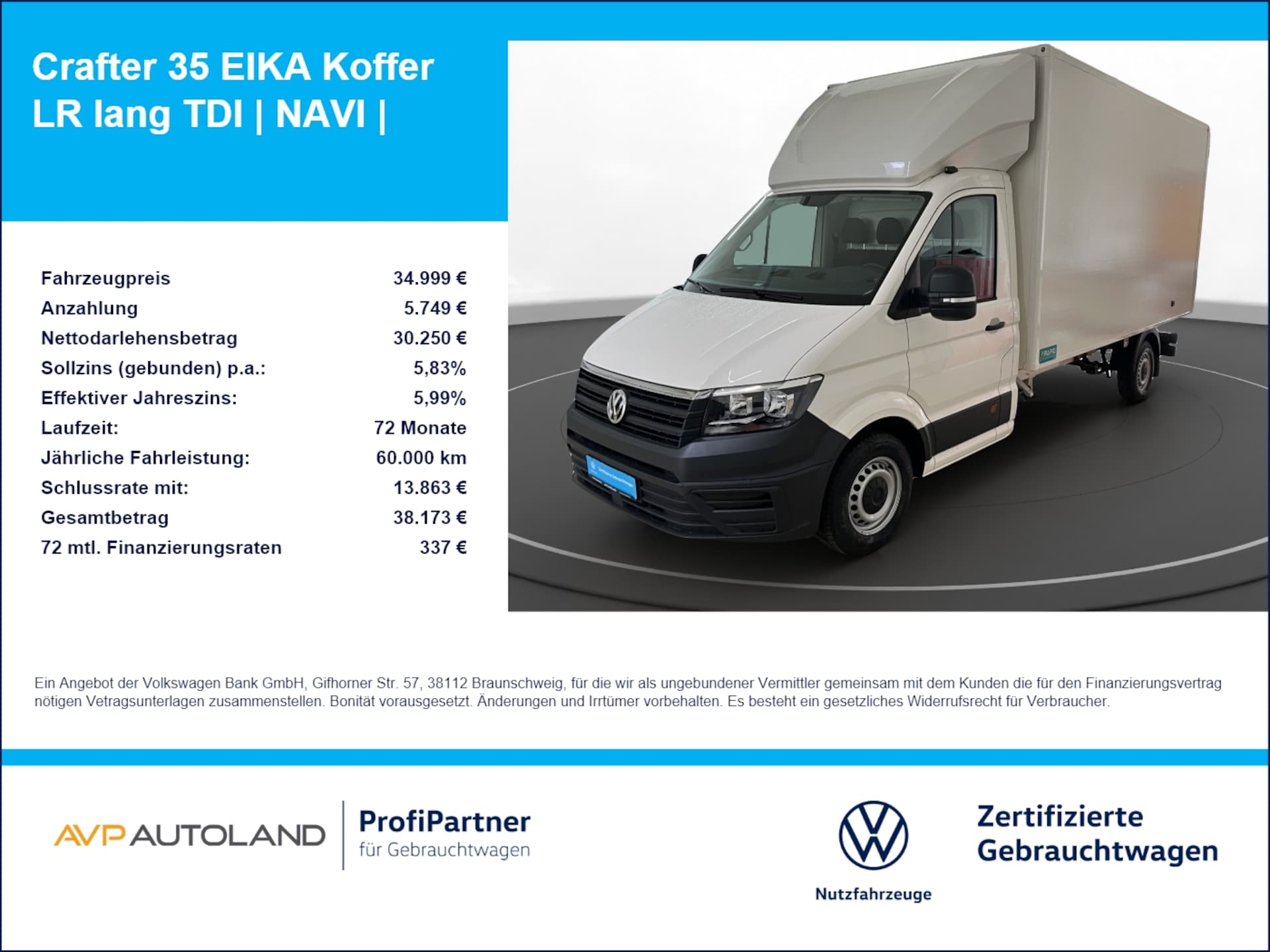 Volkswagen Crafter Einzelkabine langer Radstand