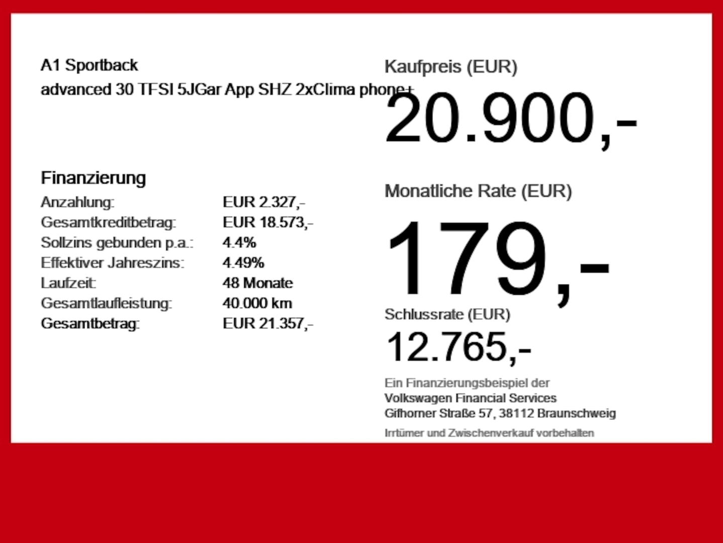 Bild über Audi A1 Sportback advanced 30 TFSI Schaltgetriebe - für weitere Informationen kontaktieren Sie den Audi Partner