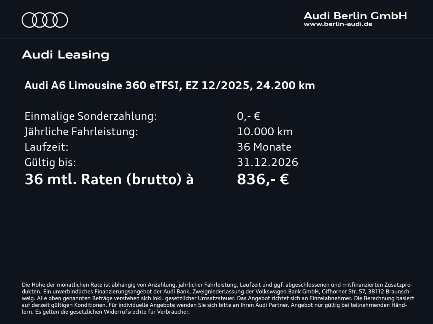 Bild über Audi A6 Limousine e-hybrid edition one e-hybrid quattro 220 kW S tronic - für weitere Informationen kontaktieren Sie den Audi Partner