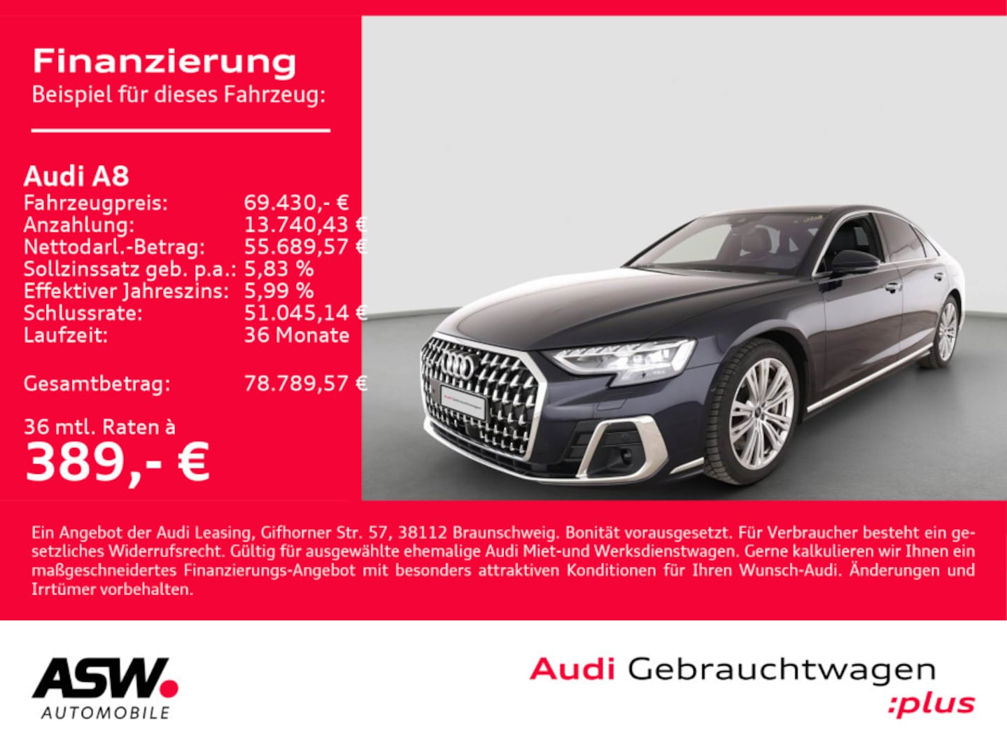 Bild über Audi A8 TFSI e 60 TFSI e quattro tiptronic - für weitere Informationen kontaktieren Sie den Audi Partner