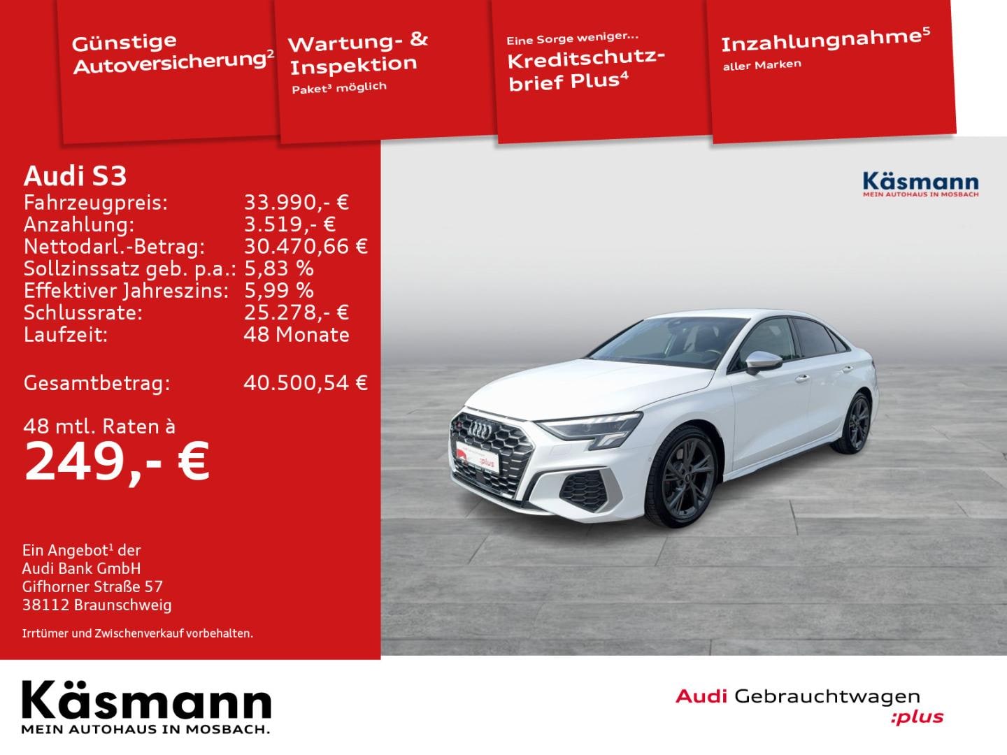 Bild über Audi S3 Limousine TFSI quattro S tronic - für weitere Informationen kontaktieren Sie den Audi Partner