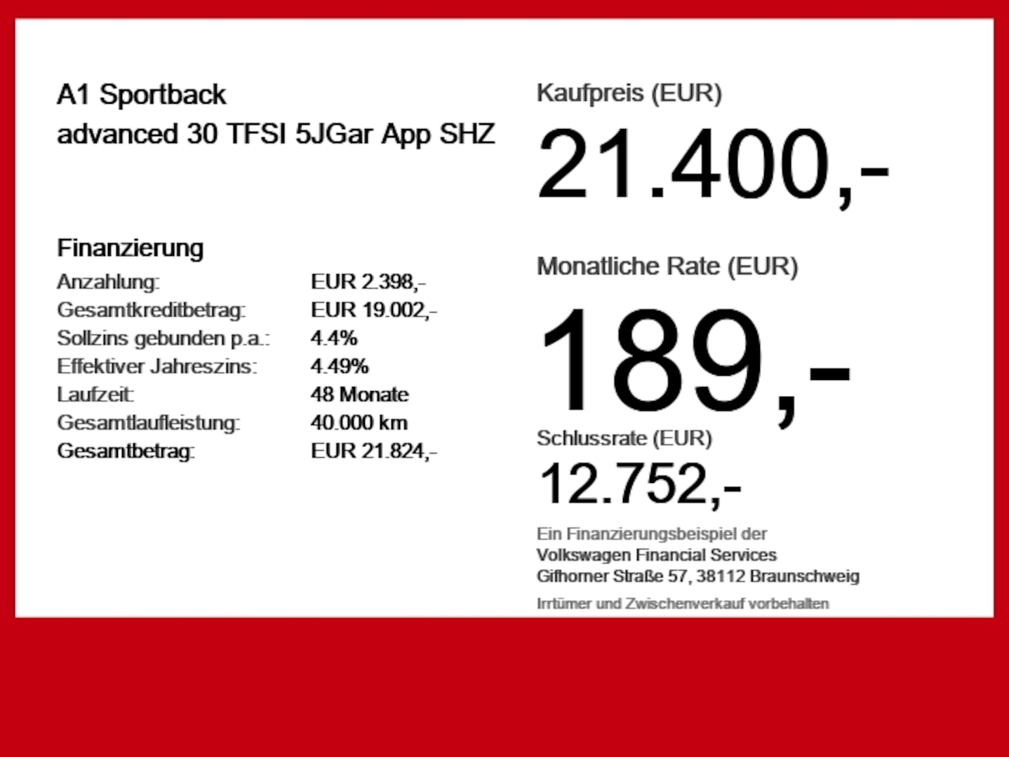 Bild über Audi A1 Sportback advanced 30 TFSI Schaltgetriebe - für weitere Informationen kontaktieren Sie den Audi Partner