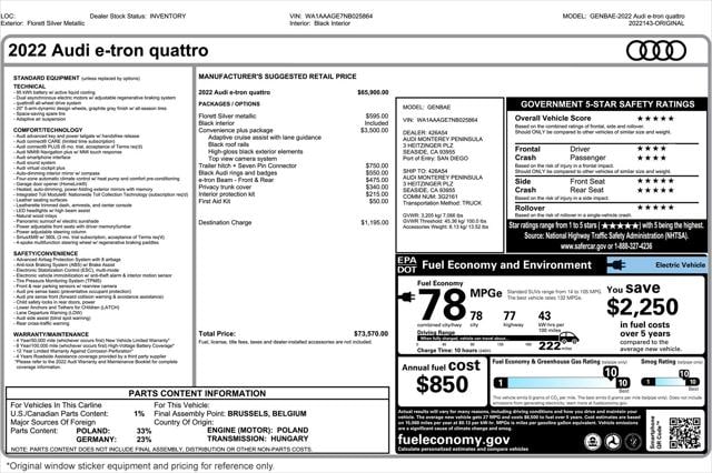 Used 2022 Audi e-tron Premium with VIN WA1AAAGE7NB025864 for sale in Costa Mesa, CA