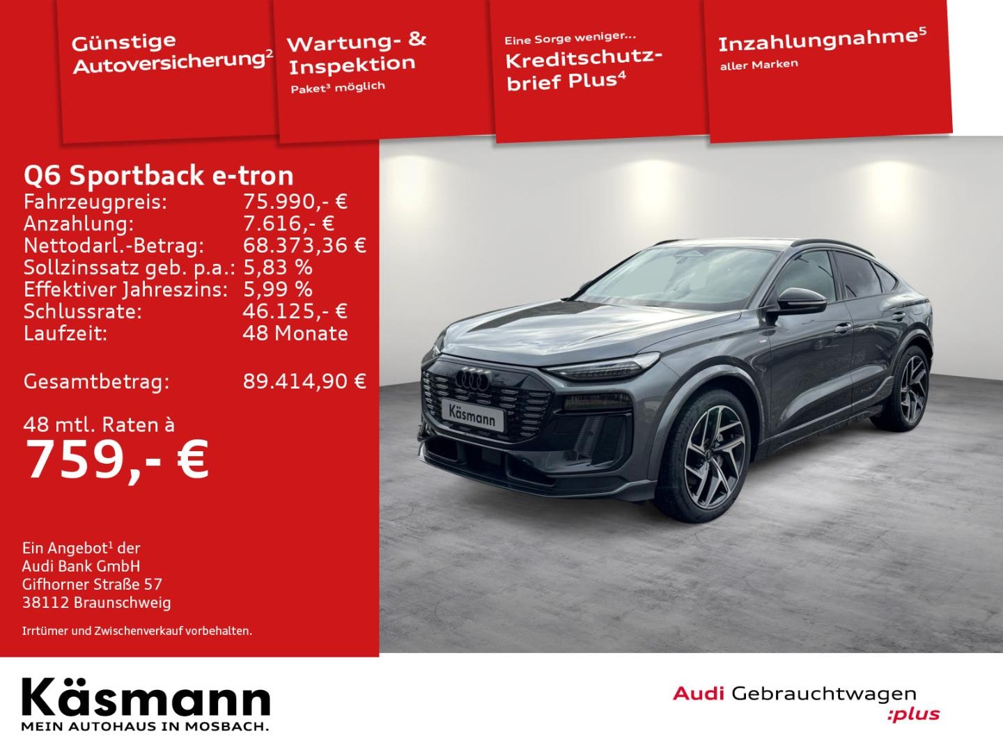 Bild über Audi Q6 Sportback e-tron e-tron quattro 315 kW - für weitere Informationen kontaktieren Sie den Audi Partner